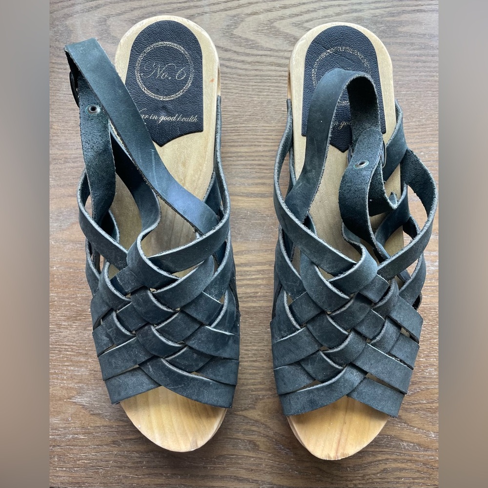 No.6 woven leather huarache mid-wedge leather clog sandal. Size 40